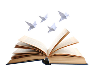  “Single Open Book Transforming into Flying Paper Birds, Isolated Cutout on White”