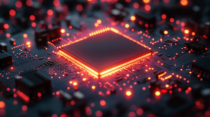 Glowing CPU on circuit board with active background lights