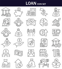 Minimal line loan icon set: banking, savings, credit, finance, interest rate, handshake, money bag, calculator, and growth icons for web, app, or presentation use.