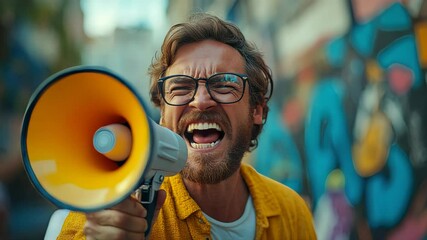 Energetic man shouting through megaphone during a protest, surrounded by colorful signs and a crowd - Powered by Adobe