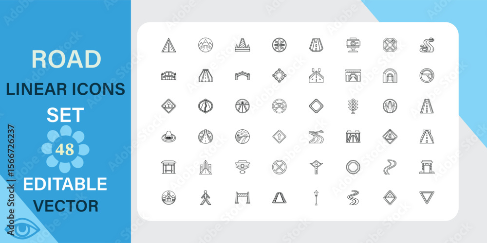 Poster 48 editable vector road linear icons. set includes various travel, route, and navigation symbols. pe