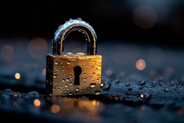 Illuminated digital lock enveloped by binary code streams representing cybersecurity protection