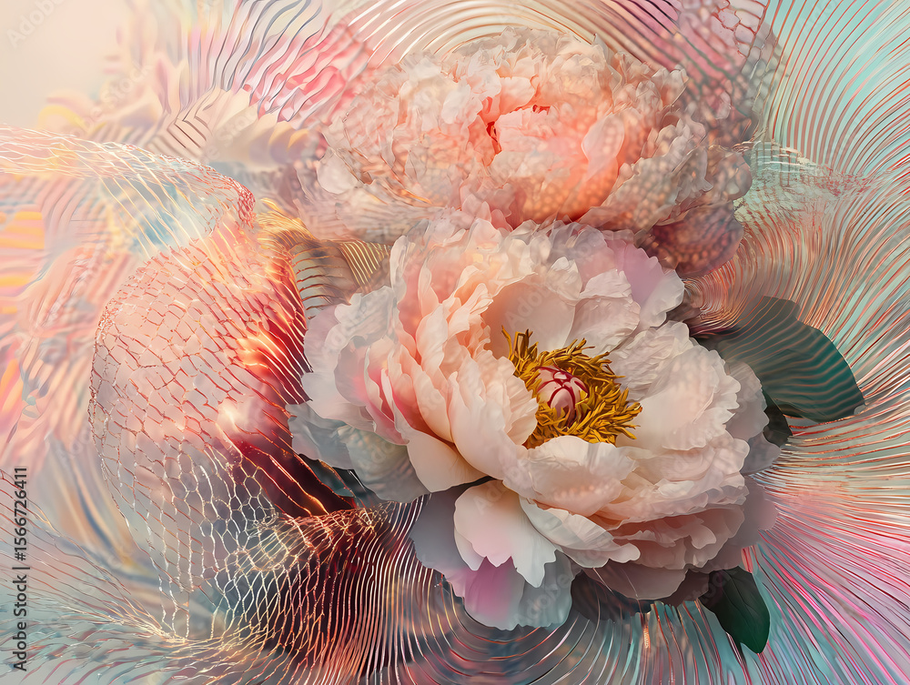 Poster colorful abstract design featuring peonies in a swirling pattern generative ai