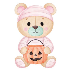Fototapeta premium Cute Cartoon Bear Holding Pumpkin Candy Bucket for Halloween Celebration