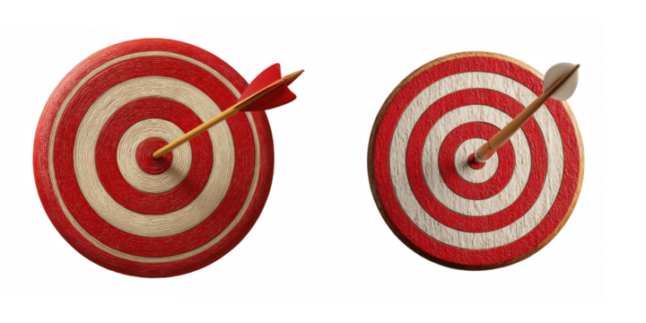 Two targets with arrows in the bullseye against a plain black background studio shot