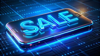 Advertising concept with SALE typography and smartphone on glowing futuristic background with neon and metallic elements created for ecommerce promotional content that emphasizes sale message for ads