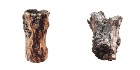 Two tree stumps isolated on a black background showing wood grain and texture detail