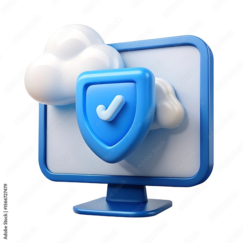 Poster blue shield with checkmark on computer screen with clouds