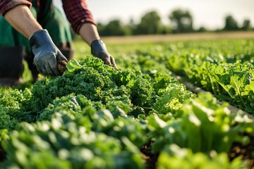 Fresh green kale harvest in organic farm field, farmer hands picking leafy vegetables, concept of healthy eating, sustainability and natural agriculture