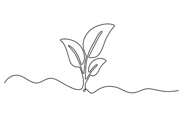 Single one line drawing healthy organic tea leaves for plantation logo identity. Fresh tender bud of tea shoot concept for tea leaf icon. Modern continuous line draw design graphic vector illustration