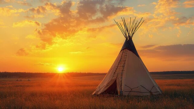 Sunset over a traditional teepee in a grassy field with a beautiful sky
