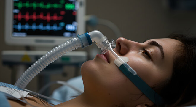 Woman patient with CPAP mask connected to a non-invasive ventilator in hospital bed. Medical device for sleep apnea treatment and respiratory support.