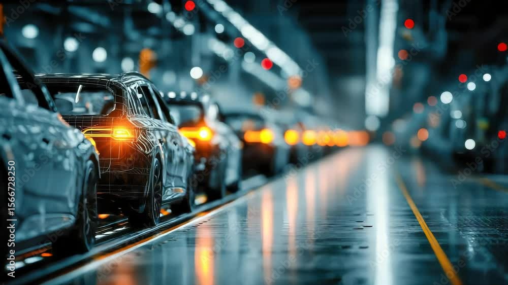 Poster close-up view of a partially assembled vehicle on a modern car assembly line, showcasing mechanical 