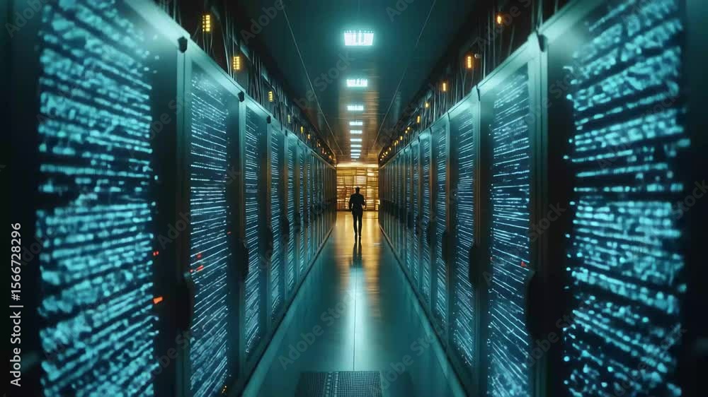 Poster exploring a high-tech data center filled with illuminated servers and digital information streams