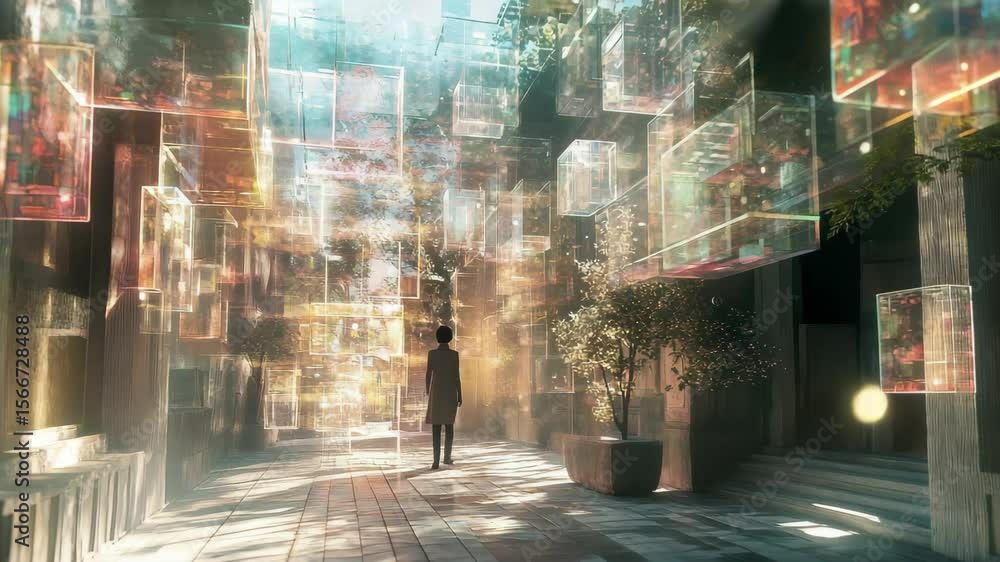 Poster exploring a futuristic urban space filled with floating translucent cubes during the day