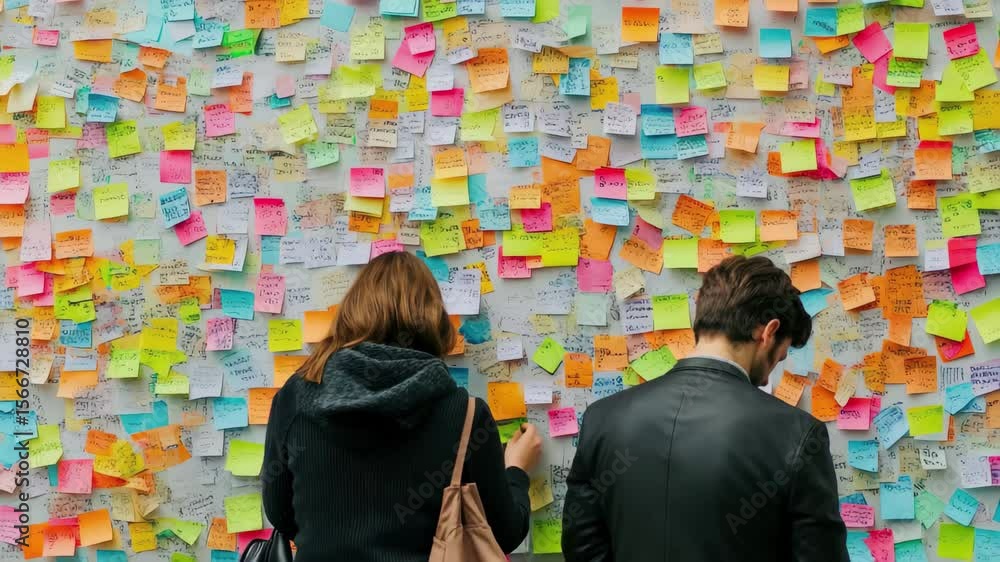 Poster visitors observe colorful sticky notes filled with messages at community wall installation in urban 