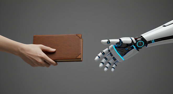 A caucasian human hand reaching out to give a book to a robotic hand. Artificial intelligence meets education and knowledge. Education for machine learning.