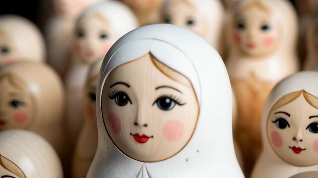 Wooden nesting dolls grouped together, close up view with focus on the face of a single doll, soft colors and texture.