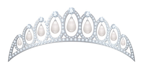 Silver tiara with white pearls teardrops and diamonds for princess.