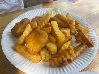 pommes, schnitzel, mayonaise, fastfood, imbiss, nuggets, ungesund, fettig, kalorien, bmi, zunehmen, abnehmen, badesse, ferien, camping, urlaub, pappteller, kartoffelsalat, nudelsalat, salat, mayo, sch