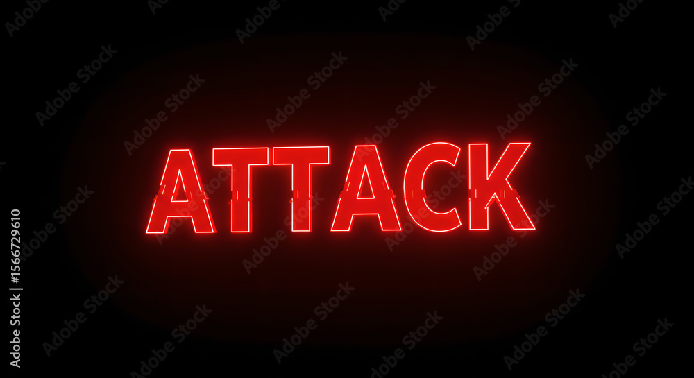 Fototapete red neon glowing text attack word on black background. alerting message with digital glitch effect f
