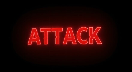 Red neon glowing text attack word on black background. Alerting message with digital glitch effect for computer security.