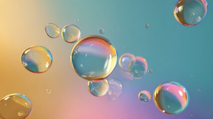 Iridescent bubbles floating on pastel background abstract design