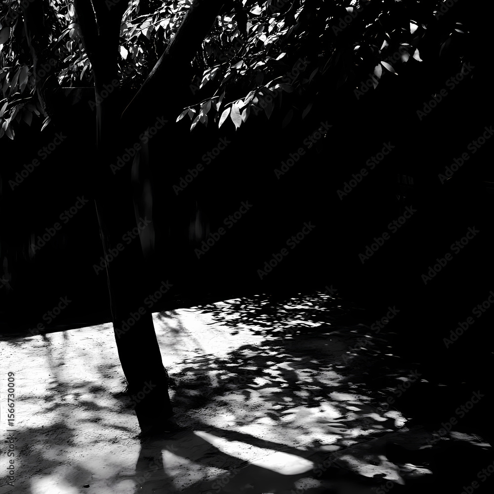 Poster shadows cast by a tree in a tranquil outdoor setting during daylight generative ai