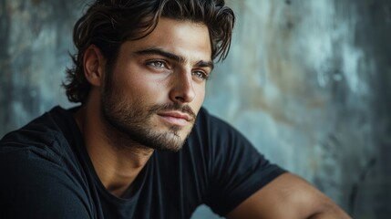 Obraz premium A man with dark hair and a beard, wearing a black t-shirt, sitting against a textured, grey wall with a blue and white striped curtain.