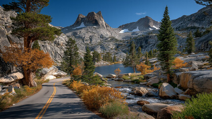 Mountain Lake Road Trip: A scenic asphalt road winds through a breathtaking mountain landscape, leading towards a serene lake nestled amidst towering granite peaks and vibrant autumn foliage. 