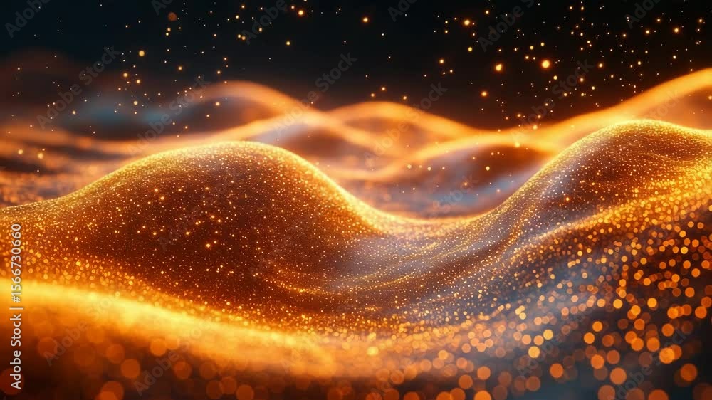 Poster dynamic abstract waves with glowing particles in a dark cosmic landscape