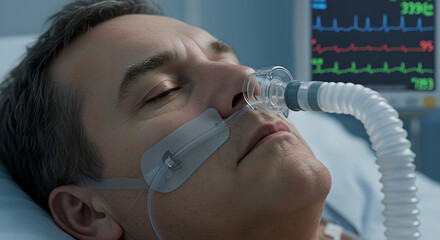 A man lays unconscious on a bed with a non-invasive ventilation mask and vital signs monitor in background.