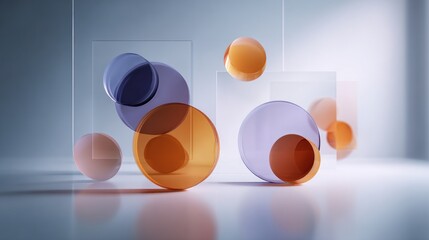Abstract composition translucent spheres and geometric shapes