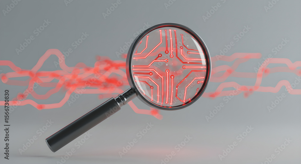 Poster magnifying glass showing a glowing red circuit board pattern. conceptual representation of data anal