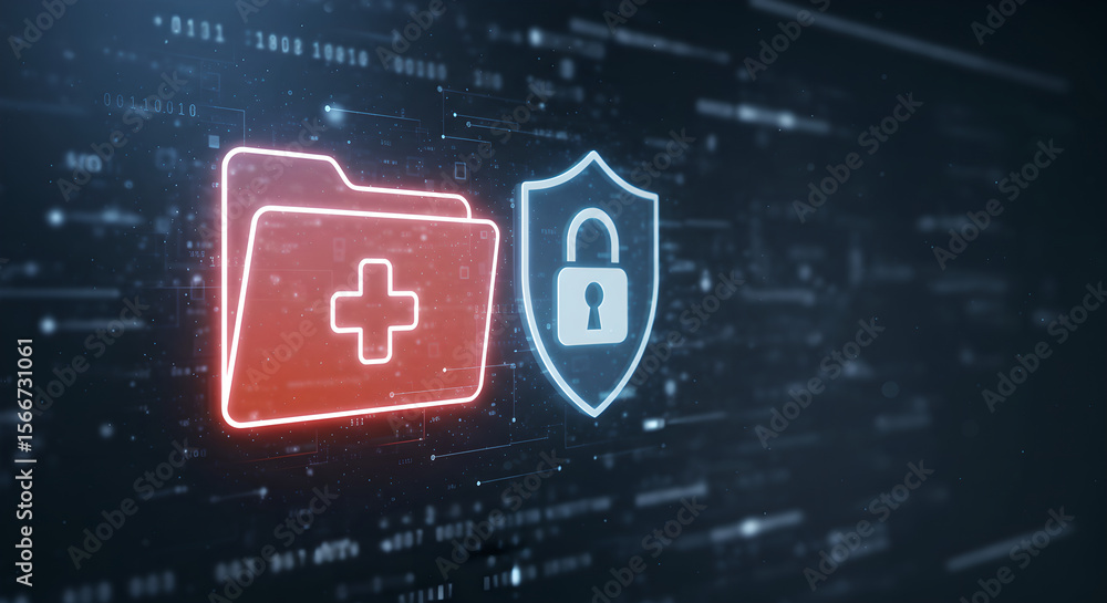 Poster digital health record folder with medical cross and secure shield with padlock. security concept for