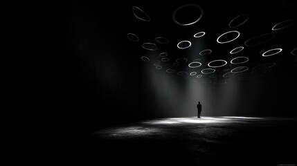 Solitary figure in dark space with glowing circles overhead