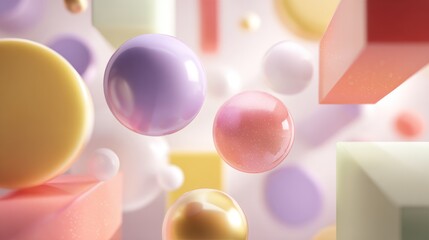 Floating pastel spheres and geometric shapes abstract background