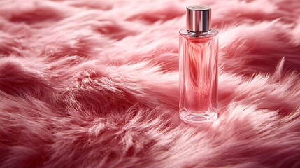 elegant pink perfume bottle on soft faux fur background for cosmetics and fragrance branding