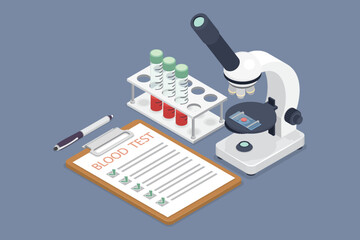 Medical blood test concept. Chemical laboratory analysis. Patient blood in test tubes, microscope, checklist. 3d flat isometric vector illustration.