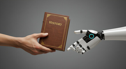 A man holding a book titled "history" while a robot hand reaches for it, showing the concept of preserving knowledge.
