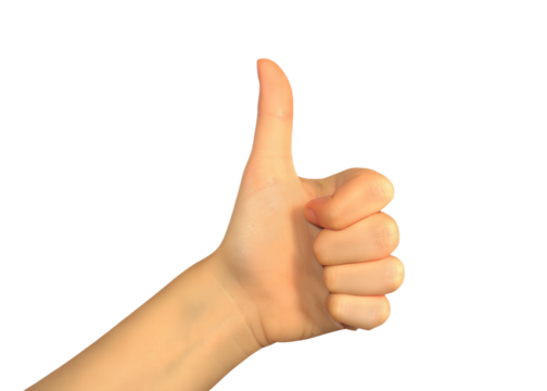 Human hand with thumb up gesture isolated on transparent background