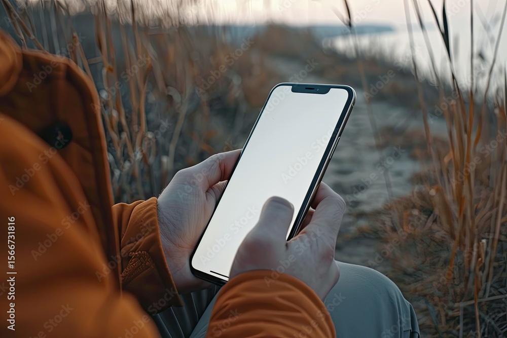 Aufkleber detailed color image of side view of man using modern smartphone
