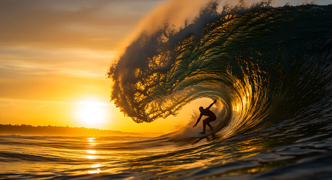 Man surfing a huge barrel wave during sunset. Surfer riding inside a powerful ocean tube at golden hour. Extreme water sport.