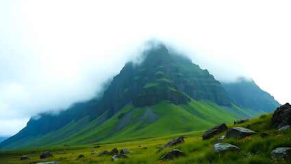 Fototapeta premium Mystical Fog Covered Mountain with Lush Greenery and Wildflowers