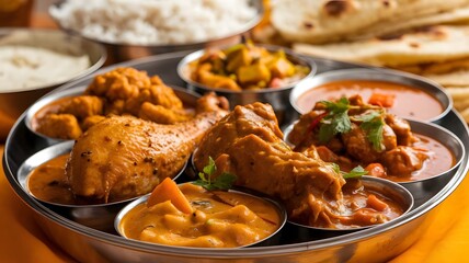 A close-up shot of a steel thali filled with various curry dishes, such as chicken curry, mutton cur