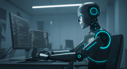 Humanoid robot working at a desk typing on a computer keyboard. Artificial intelligence as a programmer. Future concept.