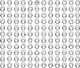 A grid of many simple line drawing female head and hair outlines