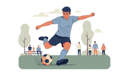 Soccer Player Kicks Ball in Park, showcasing athletic skill in an outdoor setting, conceptual illustration with vibrant colours and graphic design elements.