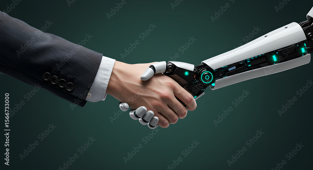 Poster a man shaking hands with a robot. human and artificial intelligence collaboration handshake for busi