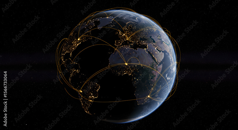 Poster earth with network connection lines. global communication concept. world map with lights visible at 